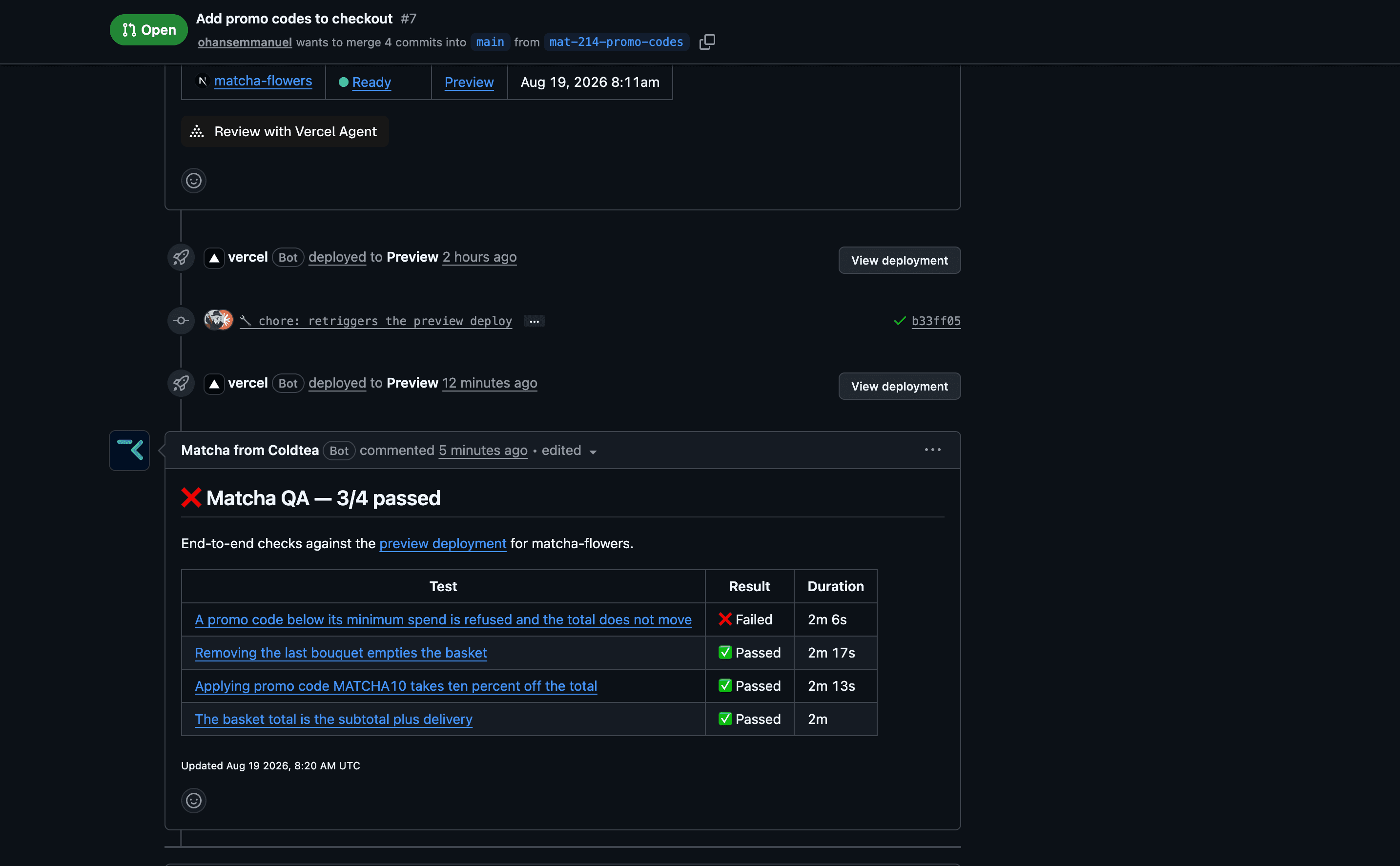 A QA run against the preview deployment, step by step