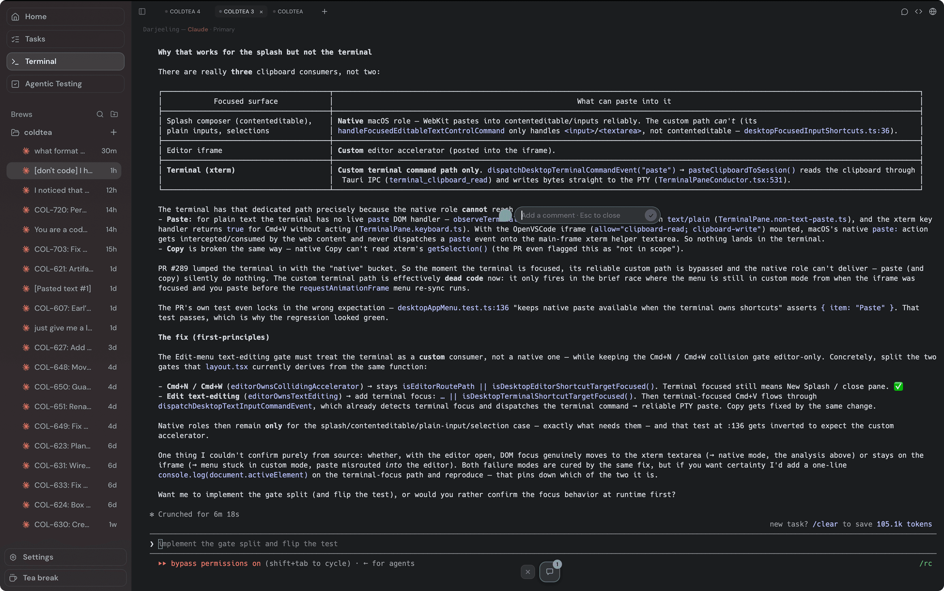 Adding a comment on a terminal selection, with the comment box open over the terminal output