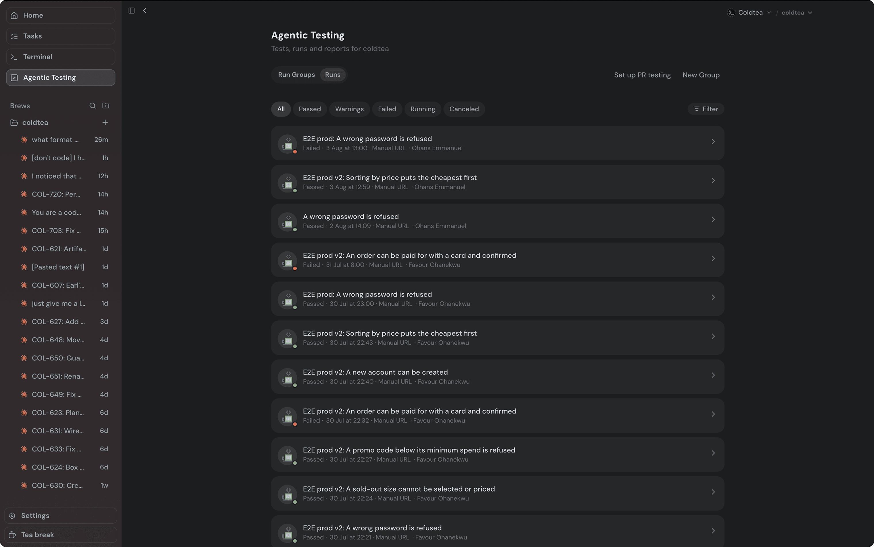 The Agentic Testing surface listing recent Matcha runs with pass and fail status and filters