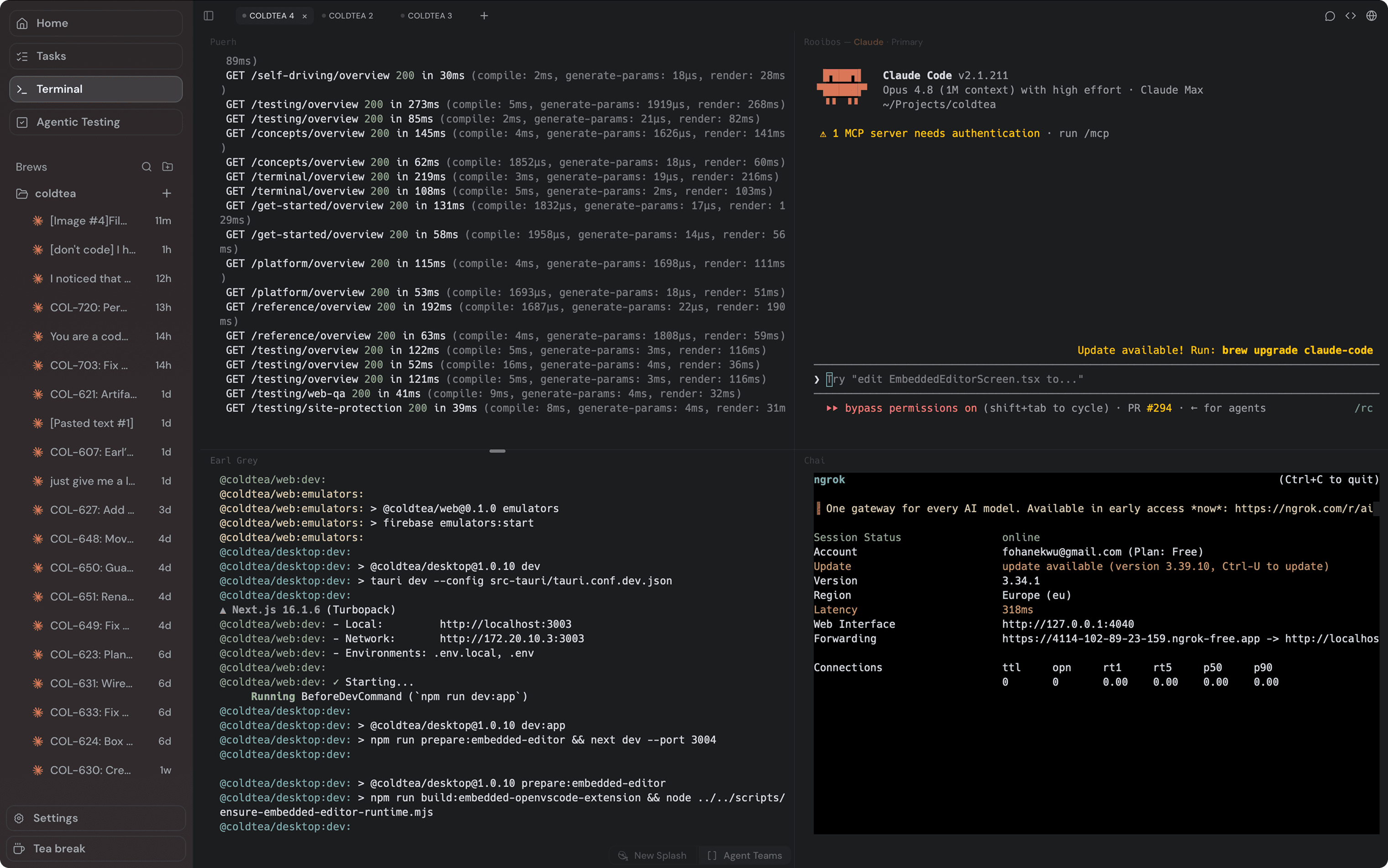 A single tab split into four labeled panes, each running its own agent or shell side by side