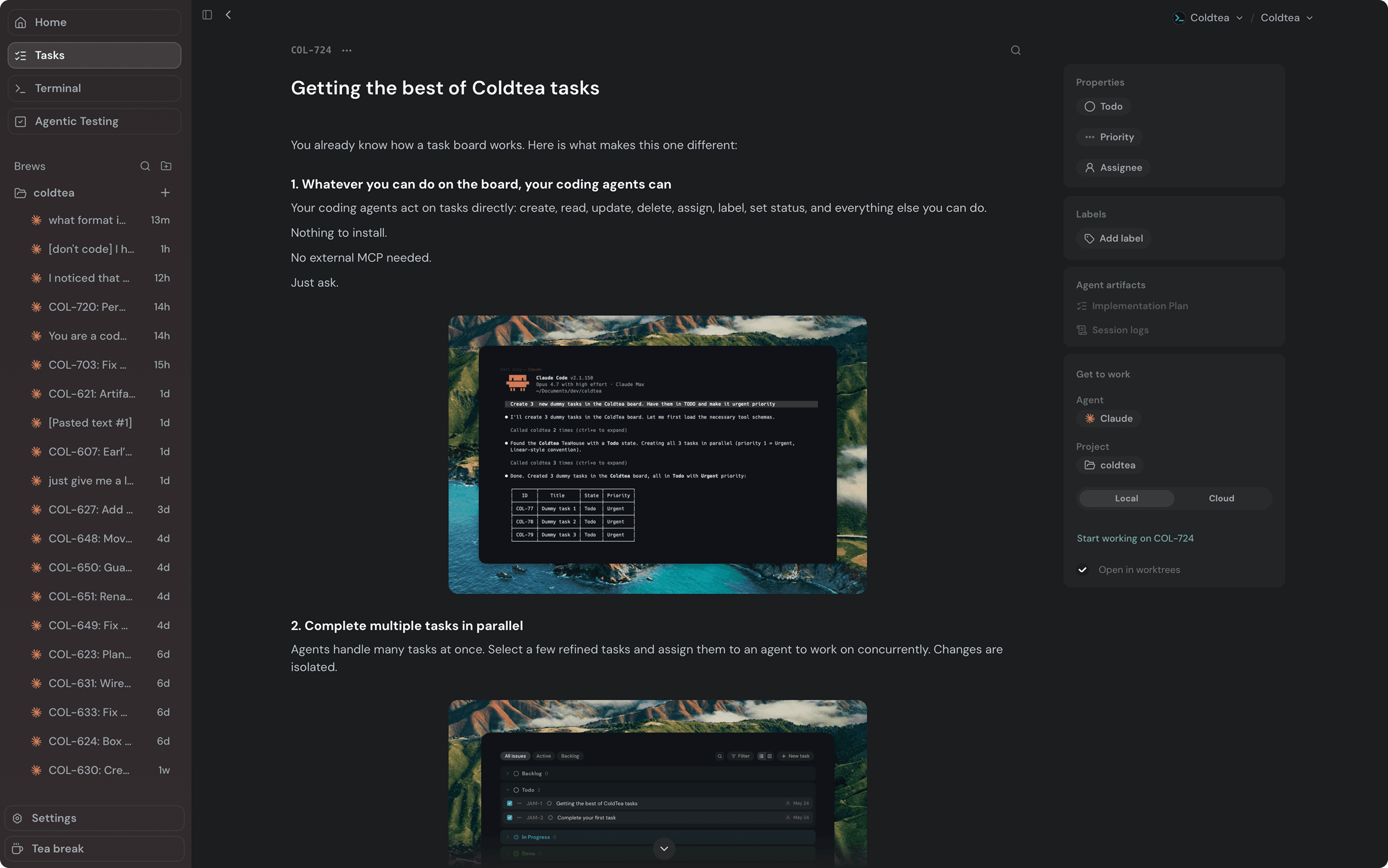 A task detail page with its description, the properties sidebar, and the Get to work panel